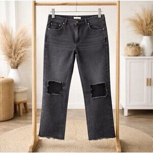 Avec Les Filles Distressed Cropped Straigt Leg jeans Light Black Raw Hem 27 x 25